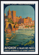 A vintage-style travel poster for Avignon, France, showing the cityscape with the Pont d'Avignon and warm orange buildings under a blue sky, framed with a white mat and black border.