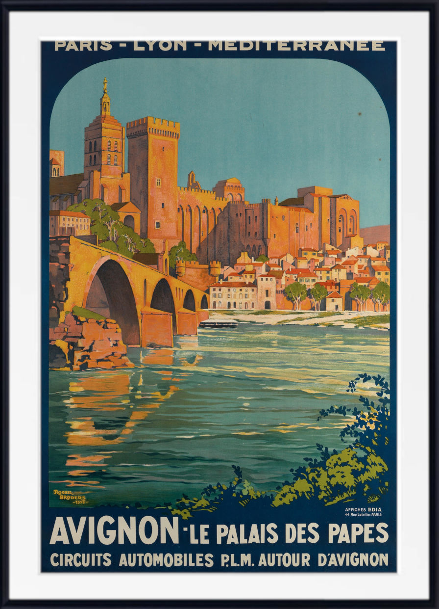 A vintage-style travel poster for Avignon, France, showing the cityscape with the Pont d'Avignon and warm orange buildings under a blue sky, framed with a white mat and black border.