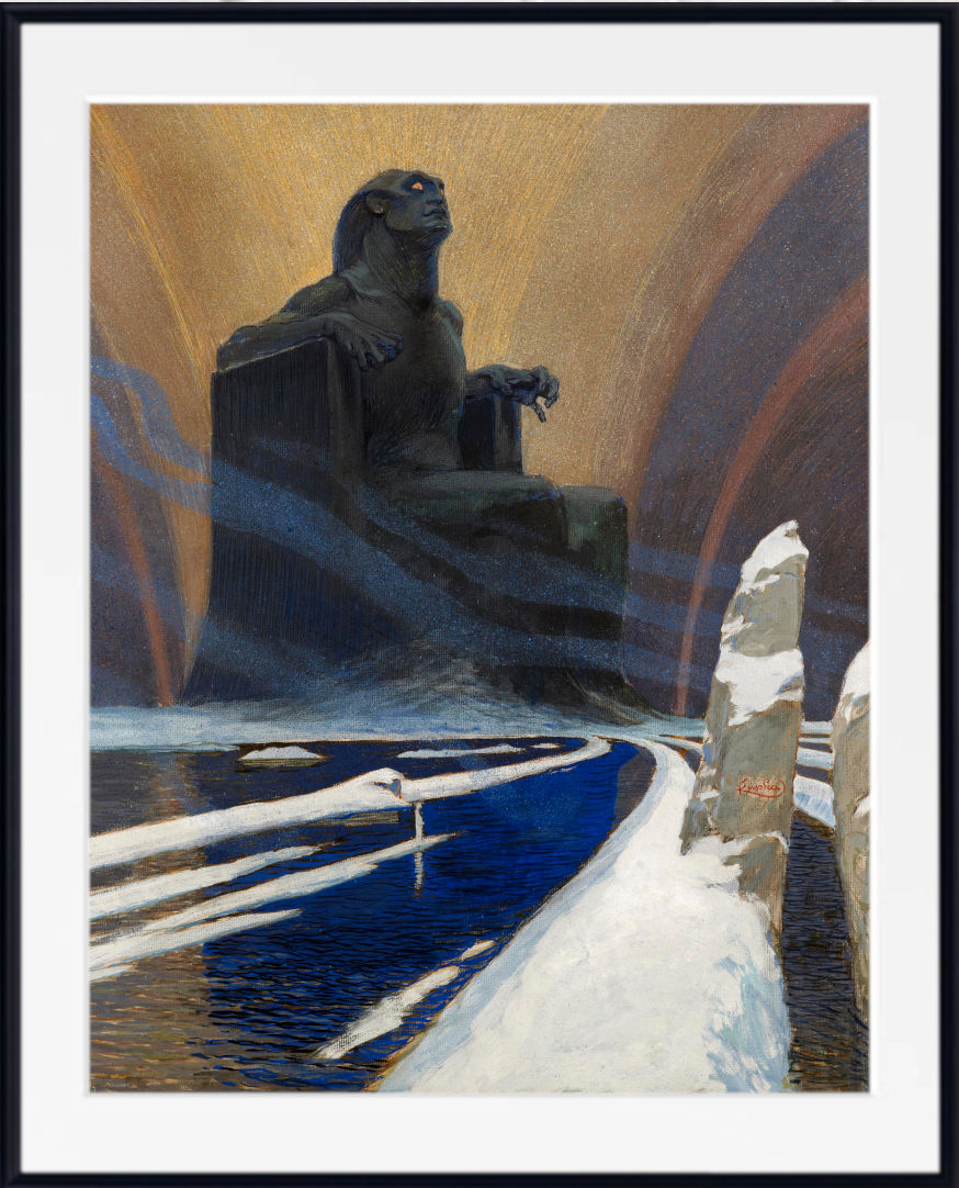 Frantisek Kupka Fine Art Print, Black Idol, Defiance A framed art print featuring a dramatic painting of a large stone lion statue seated in a snowy landscape, with deep blue water in the foreground and a glowing golden sky.