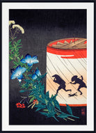A framed Japanese-style art print featuring blue morning glories, red berries, and a large lantern with black silhouetted figures against a dark background.