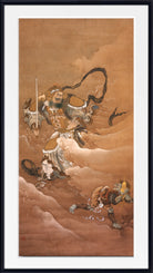A framed Chinese-style painting depicting a warrior figure with a sword and flowing black hair or ribbon, standing on clouds and battling a tiger, rendered in warm brown, beige, and muted gold tones.