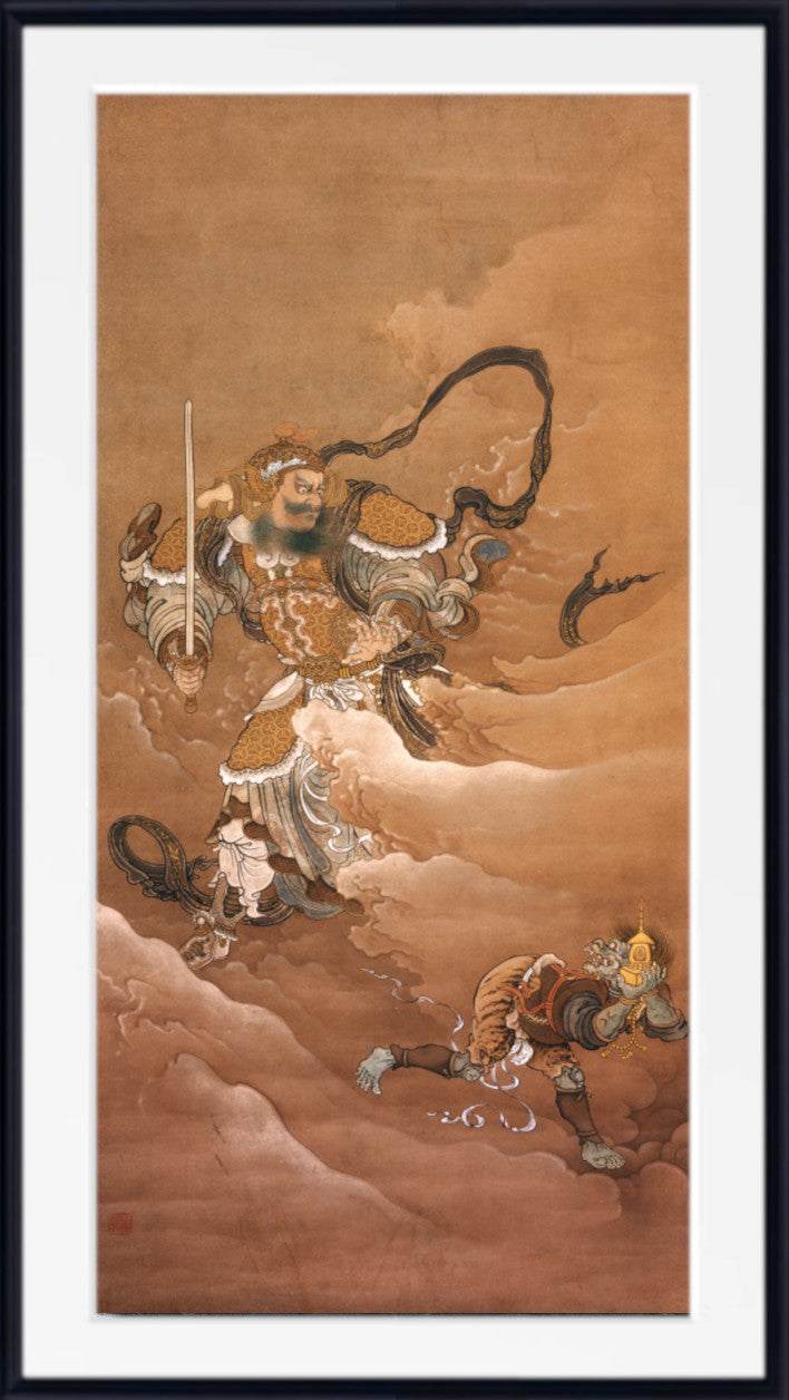 A framed Chinese-style painting depicting a warrior figure with a sword and flowing black hair or ribbon, standing on clouds and battling a tiger, rendered in warm brown, beige, and muted gold tones.