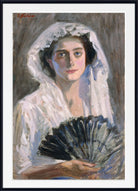 A framed portrait painting of a woman in a white lace head covering and dress, holding a black fan, with a dark background and a white mat border.