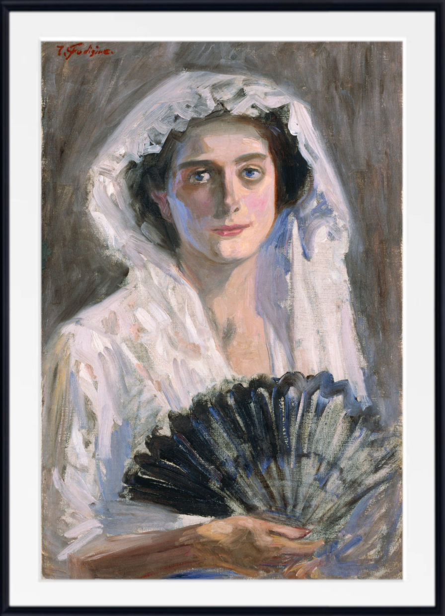 A framed portrait painting of a woman in a white lace head covering and dress, holding a black fan, with a dark background and a white mat border.