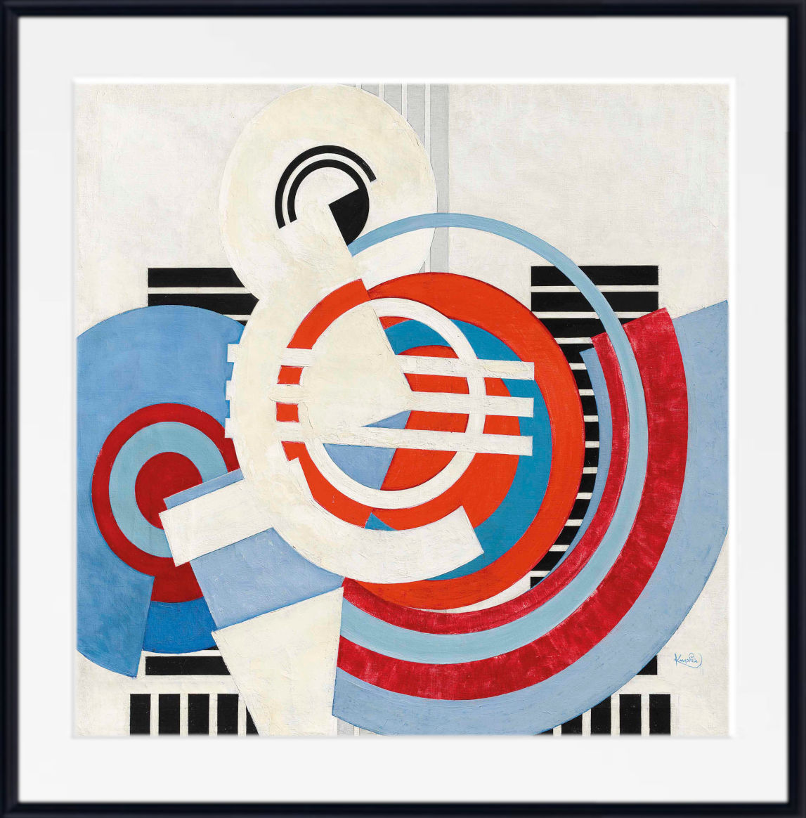 Framed abstract geometric wall art featuring overlapping circles, arcs, and blocks in cream, red, blue, black, and white on a light background, shown in a black frame with white mat.