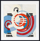 Framed abstract geometric wall art featuring overlapping circles, arcs, and blocks in cream, red, blue, black, and white on a light background, shown in a black frame with white mat.