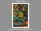 A rolled canvas art print preview on a gray background, showing an abstract geometric painting with green, brown, orange, and purple facets. Text above reads 'Rolled Canvas' and text below explains an extra 2-3 inch white border on all sides.   Paul Klee Fine Art Print, Blumensteg (1913)