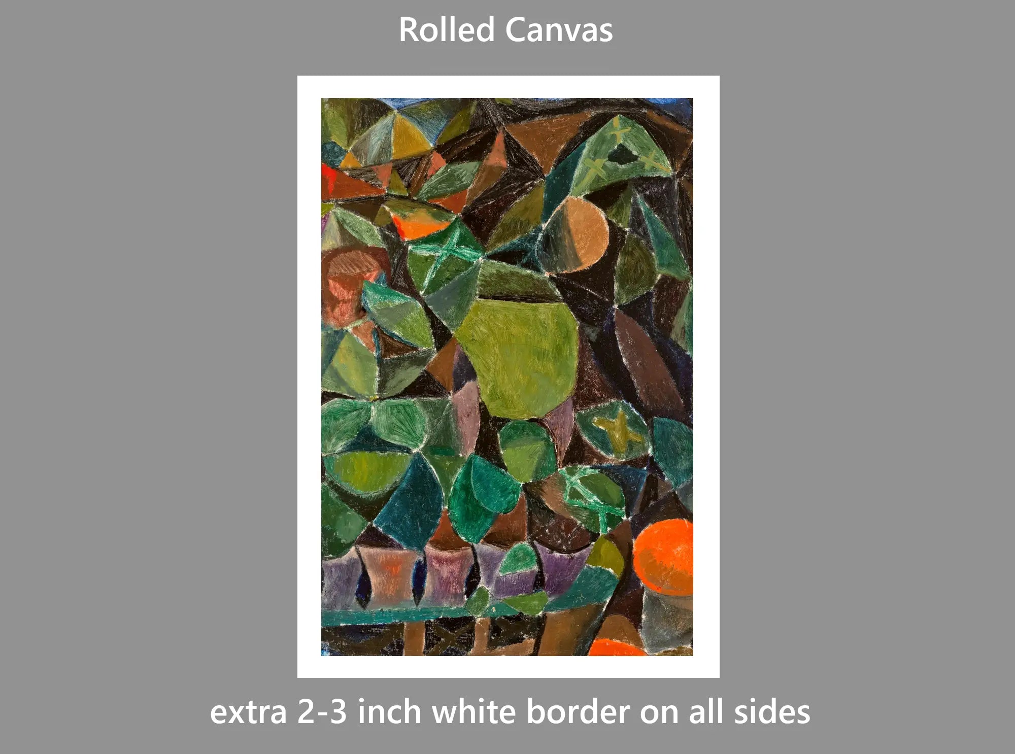 A rolled canvas art print preview on a gray background, showing an abstract geometric painting with green, brown, orange, and purple facets. Text above reads 'Rolled Canvas' and text below explains an extra 2-3 inch white border on all sides.   Paul Klee Fine Art Print, Blumensteg (1913)