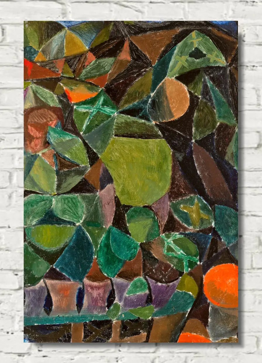 An abstract geometric painting featuring a mosaic of green, brown, orange, and purple shapes, displayed on a white brick wall.  Paul Klee Fine Art Print, Blumensteg (1913)