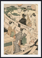 A framed Japanese ukiyo-e woodblock print depicting several women in boats on a river, with trees, lanterns, and distant buildings. The print is shown with a white mat and a black frame.