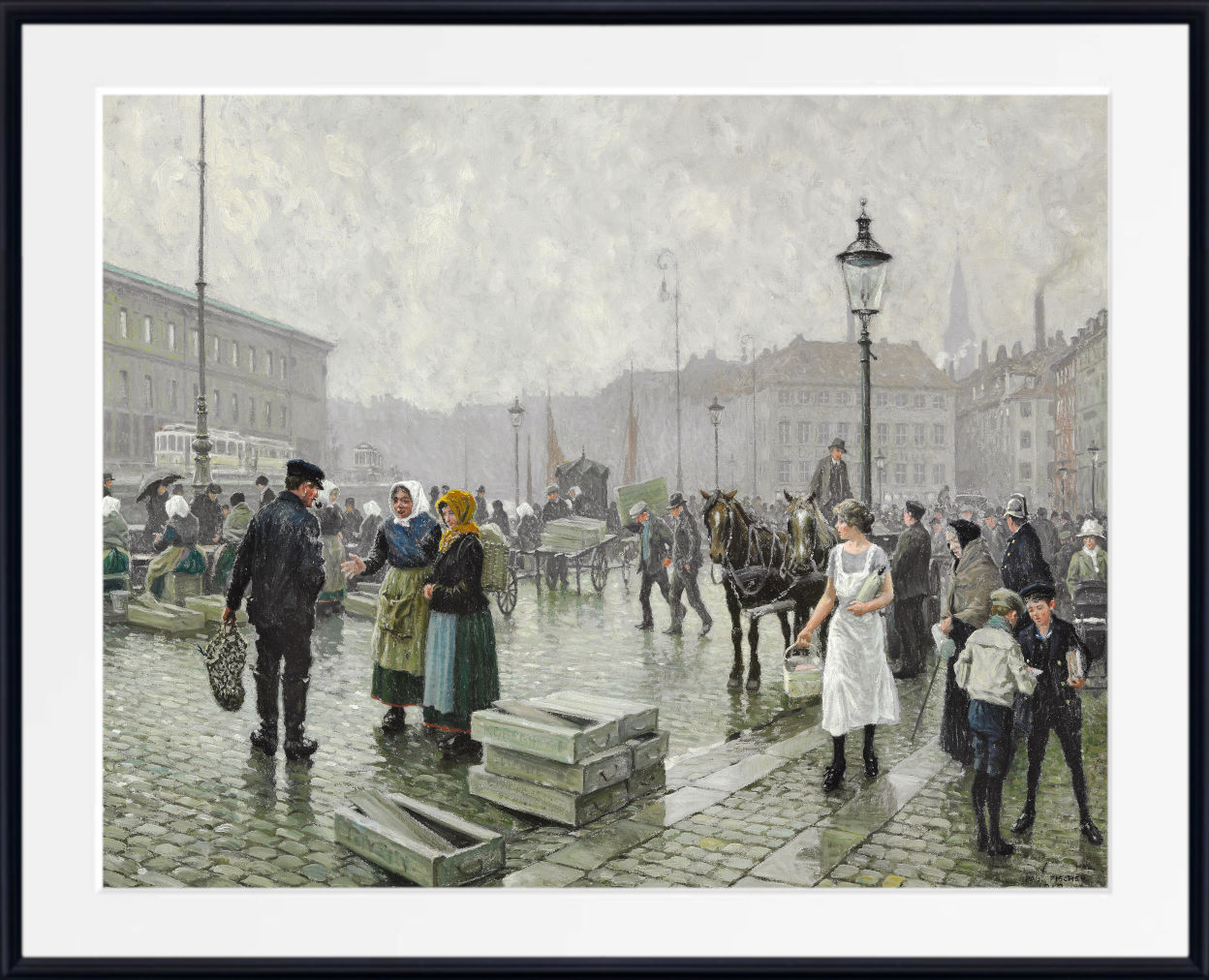 A framed historical painting depicting a bustling European street or market square with people, horse-drawn carts, buildings, and a cloudy sky. The artwork is presented with a wide white mat and a black frame.
