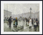 A framed historical painting depicting a bustling European street or market square with people, horse-drawn carts, buildings, and a cloudy sky. The artwork is presented with a wide white mat and a black frame.