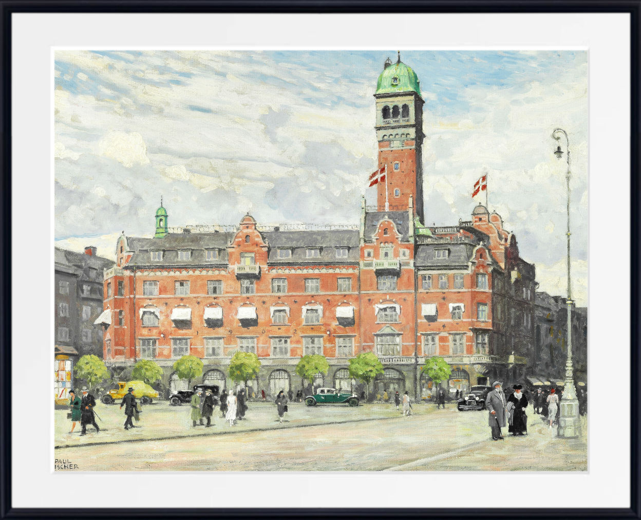 A framed watercolor painting of a historic red brick building with a green-domed tower, shown in a white mat and black frame. The painting depicts a street scene with pedestrians, vintage cars, and Danish flags flying from the building.