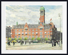 A framed watercolor painting of a historic red brick building with a green-domed tower, shown in a white mat and black frame. The painting depicts a street scene with pedestrians, vintage cars, and Danish flags flying from the building.