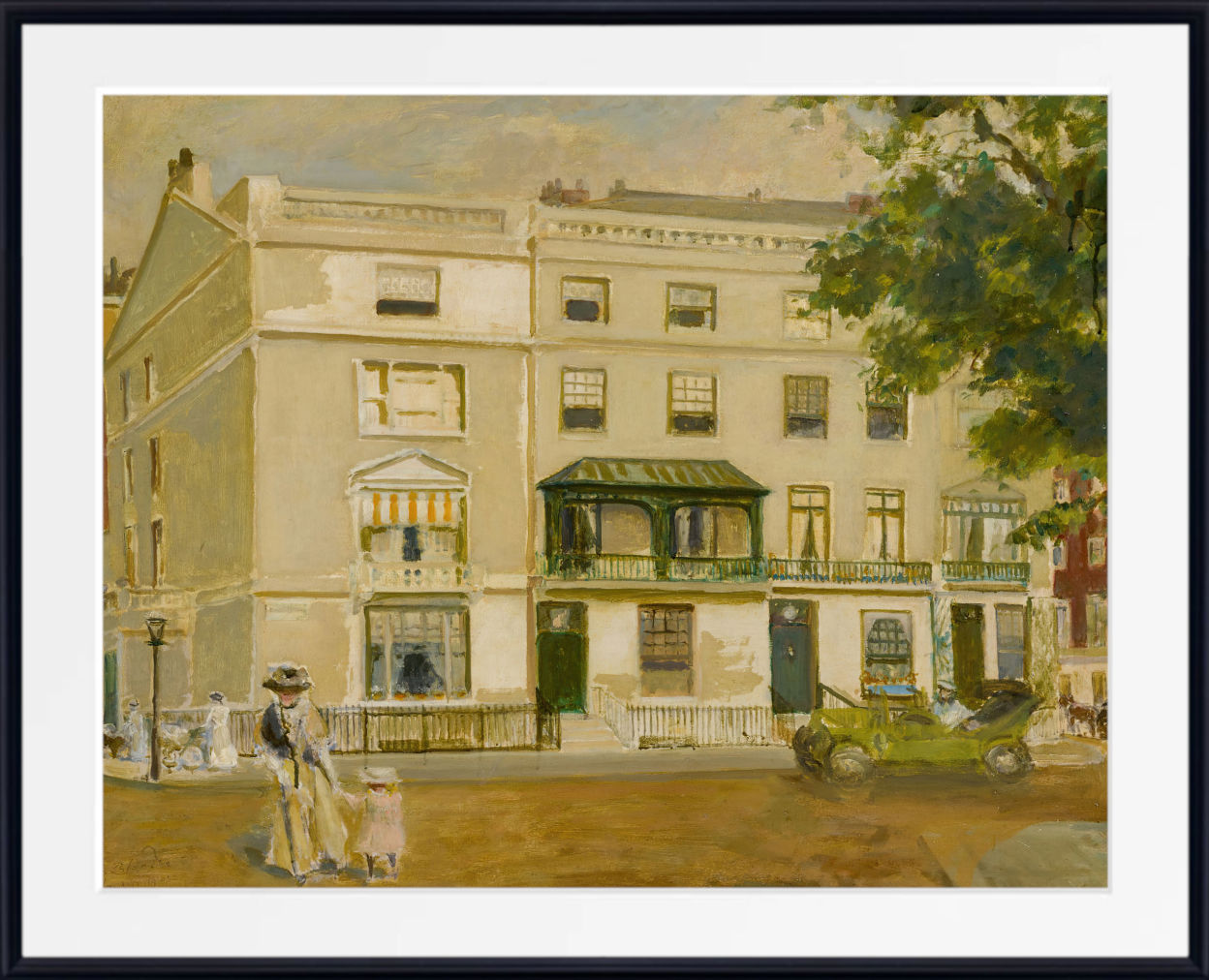 A framed painting depicting a London street scene with a large cream-colored building, a woman and child walking in the foreground, and an early 20th-century green car parked on the street.