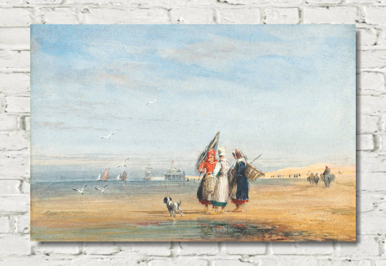 David Cox Print, Calais beach with shrimpers and a dog