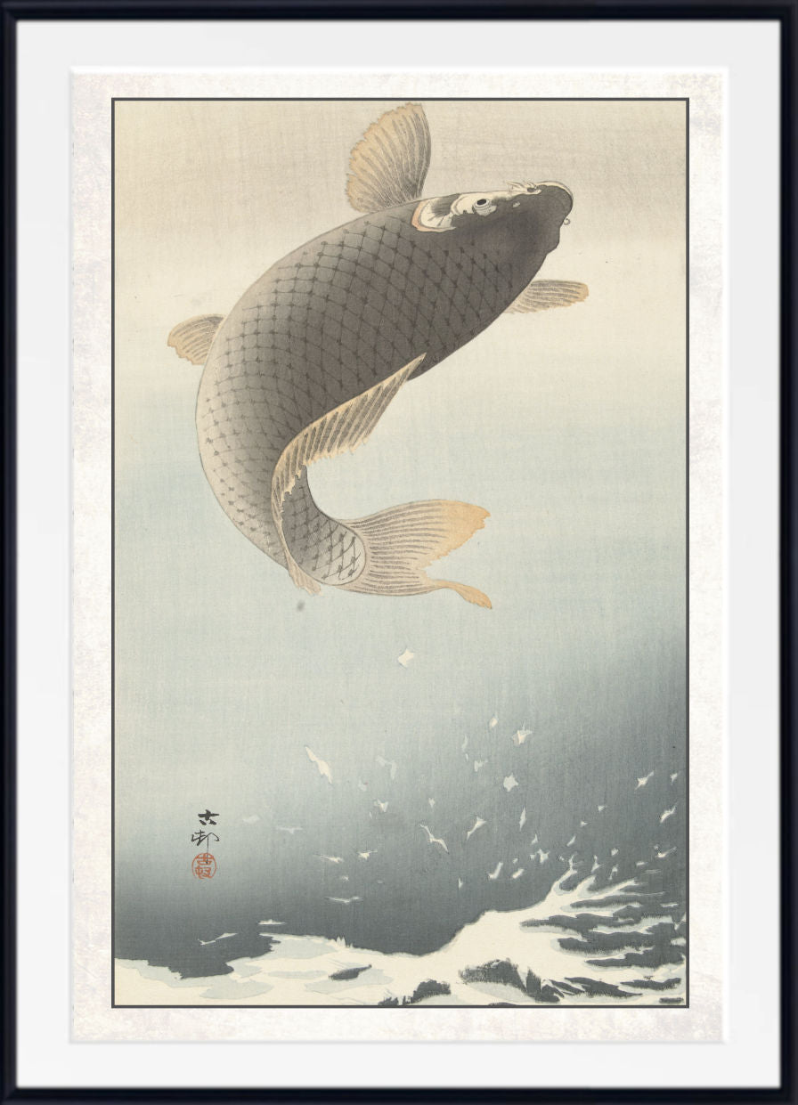 A framed Japanese-style art print depicting a large koi fish leaping through water, with a white mat and black frame around the artwork.
