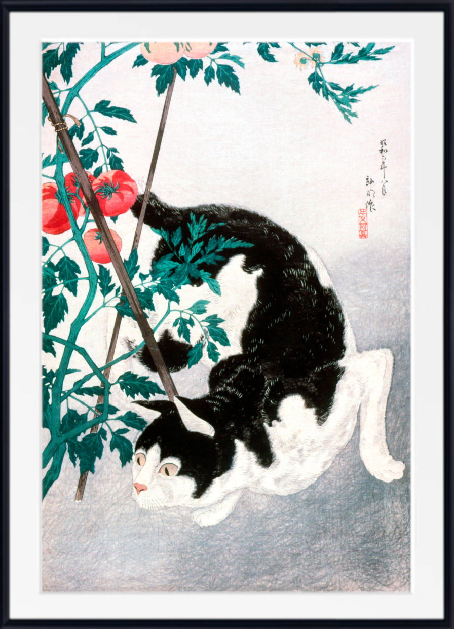 A framed art print featuring a black and white cat climbing a tomato plant with red tomatoes, styled in a traditional Japanese ukiyo-e woodblock print format.