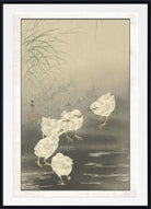 A framed Japanese-style art print depicting five white chicks near shallow water with reeds in the background, shown against a white mat and black frame.