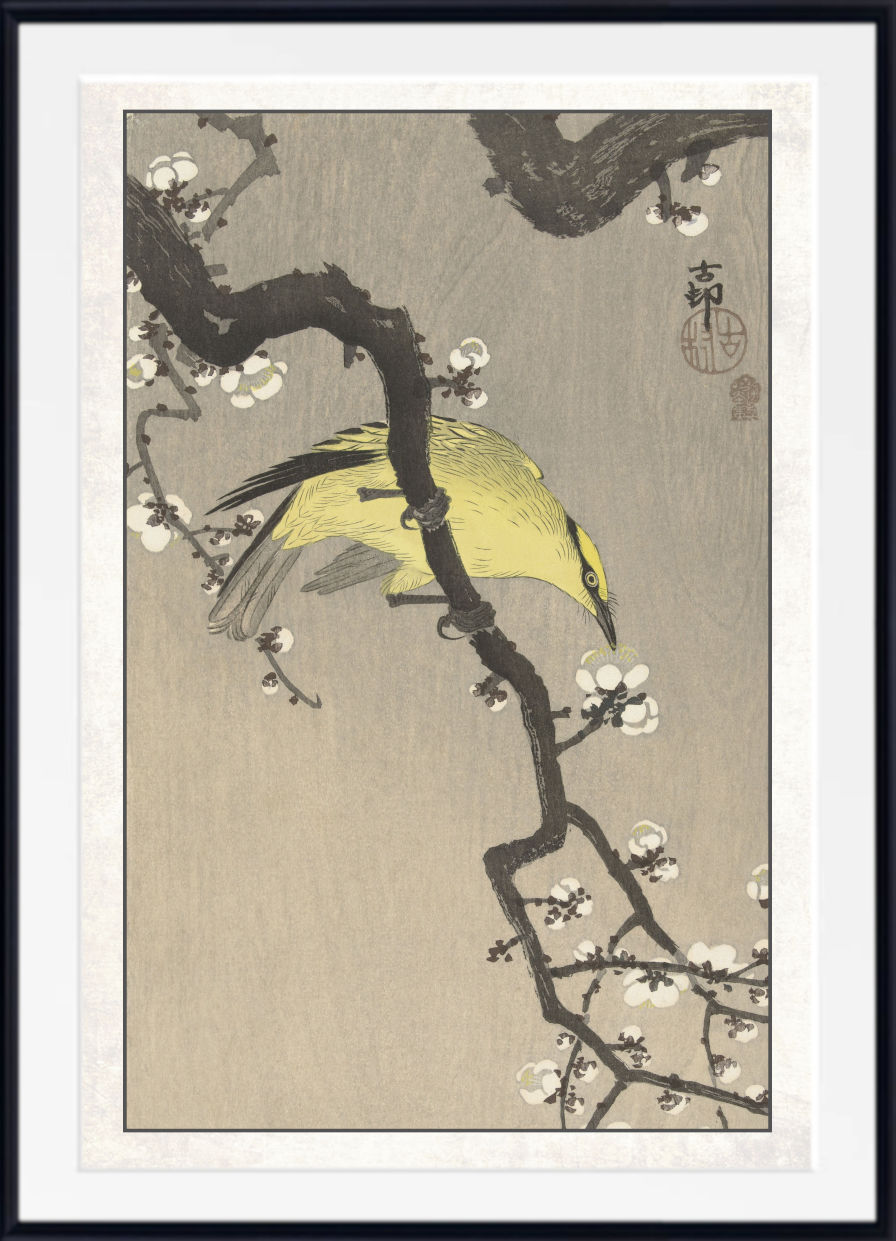 A framed Japanese-style art print featuring a yellow bird perched on a dark flowering branch against a textured beige background, with a white mat and black frame.