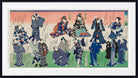 A framed Japanese ukiyo-e woodblock print depicting multiple figures in traditional robes, shown with a white mat and black frame against a white background.