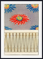 A framed art print featuring a vintage-style floral pattern with a large red and yellow flower on a gray background, blue flowers in the corners, and a cream-colored zigzag pattern of arrows at the bottom, enclosed in a black frame with a white mat.