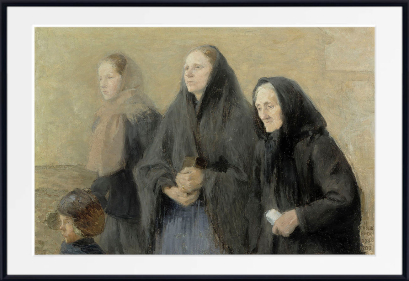 A framed painting depicting three women in dark cloaks standing against a muted beige background, with a child partially visible in the lower left. The artwork is shown with a wide white mat and a black frame.