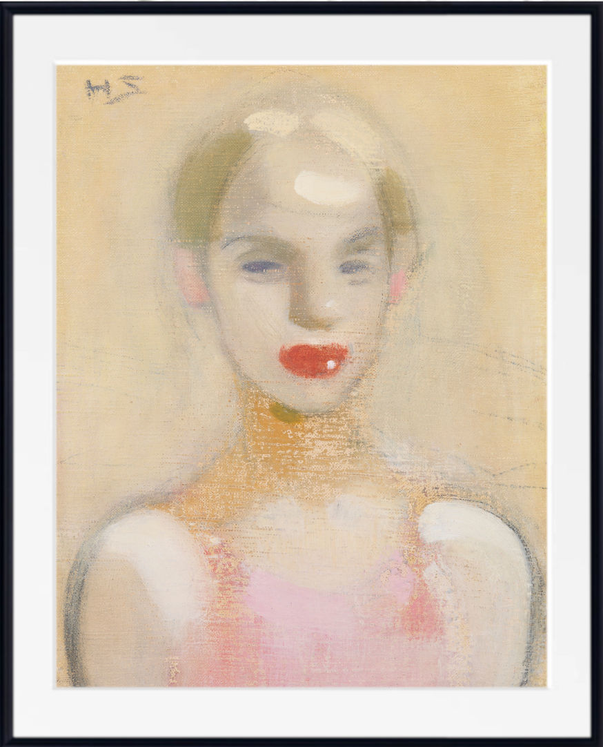 A framed portrait painting of a woman with pale skin, dark hair, and bright red lips, rendered in soft pastel-like tones on a warm beige background. The artwork is shown with a white mat and black frame.