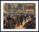 A framed historical painting depicting a crowded indoor performance or concert hall scene with many dressed figures, chandeliers, curtains, and a stage-like backdrop. The artwork is shown with a wide white mat and a black frame.