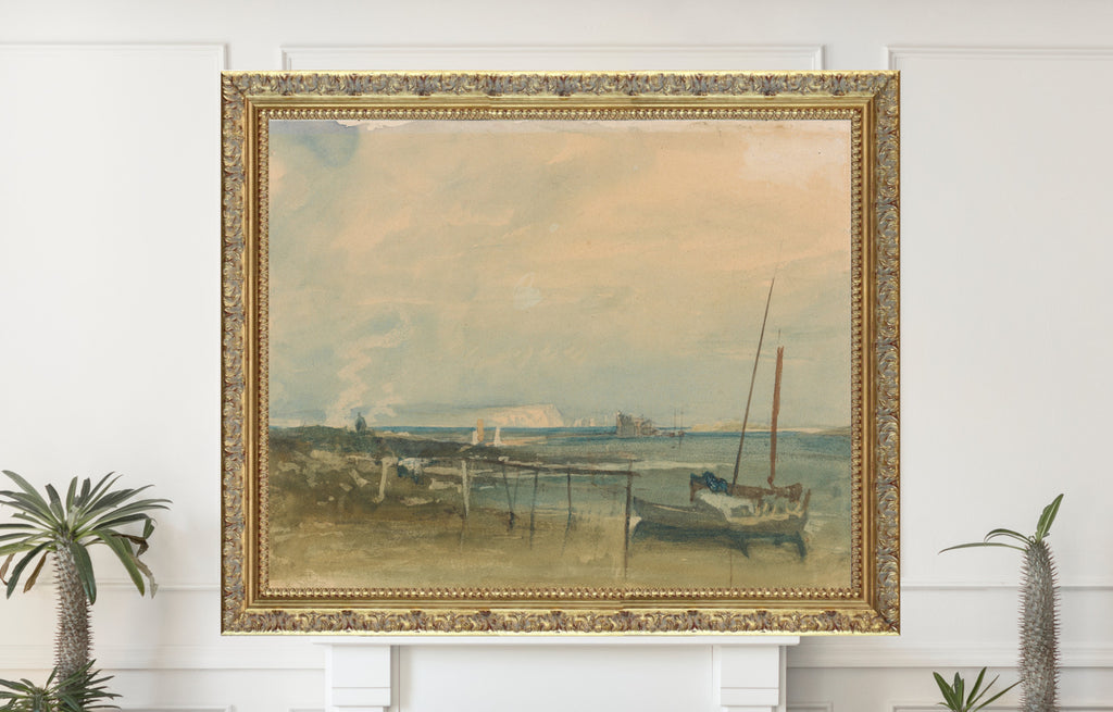 Coast Scene with White Cliffs and Boats on Shore, J.M.W. Turner