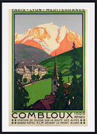 Vintage travel poster for Combloux, France, featuring a scenic illustration of a mountain village with a church spire, green hills, and a snow-capped mountain under a gray sky. The poster includes French text at the top and bottom and is shown with a white border and black frame.