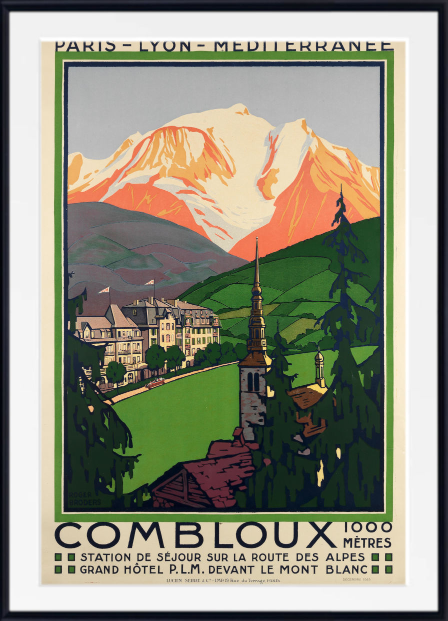 Vintage travel poster for Combloux, France, featuring a scenic illustration of a mountain village with a church spire, green hills, and a snow-capped mountain under a gray sky. The poster includes French text at the top and bottom and is shown with a white border and black frame.