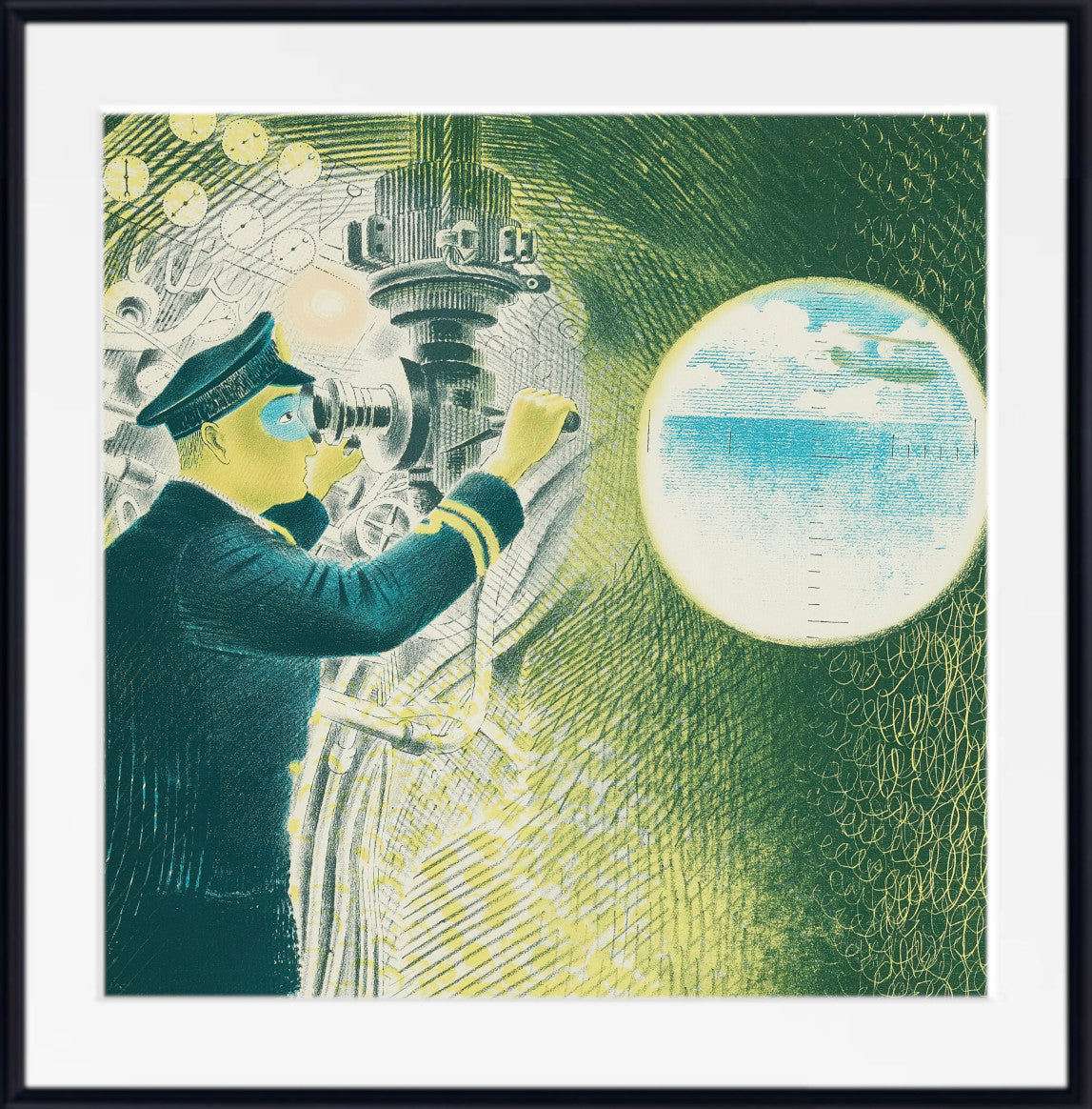 Commander of a submarine looking through a periscope by Eric Ravilious ...
