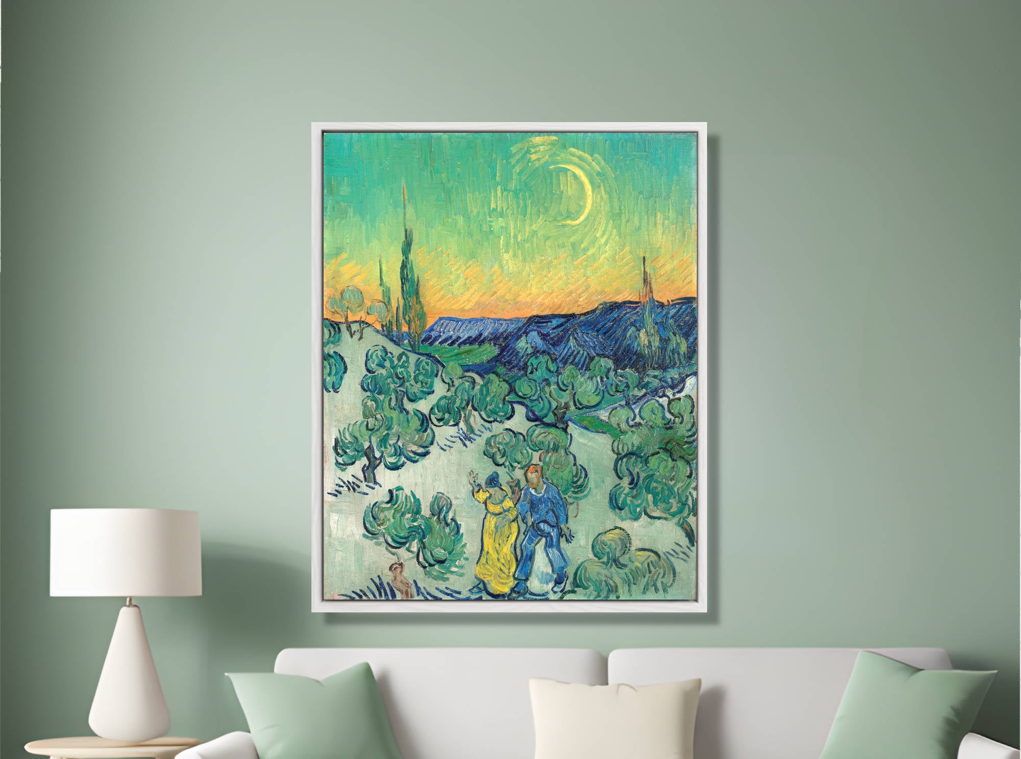 Vincent van Gogh Print, Couple Walking among Olive Trees in a Mountainous Landscape with Crescent Moon