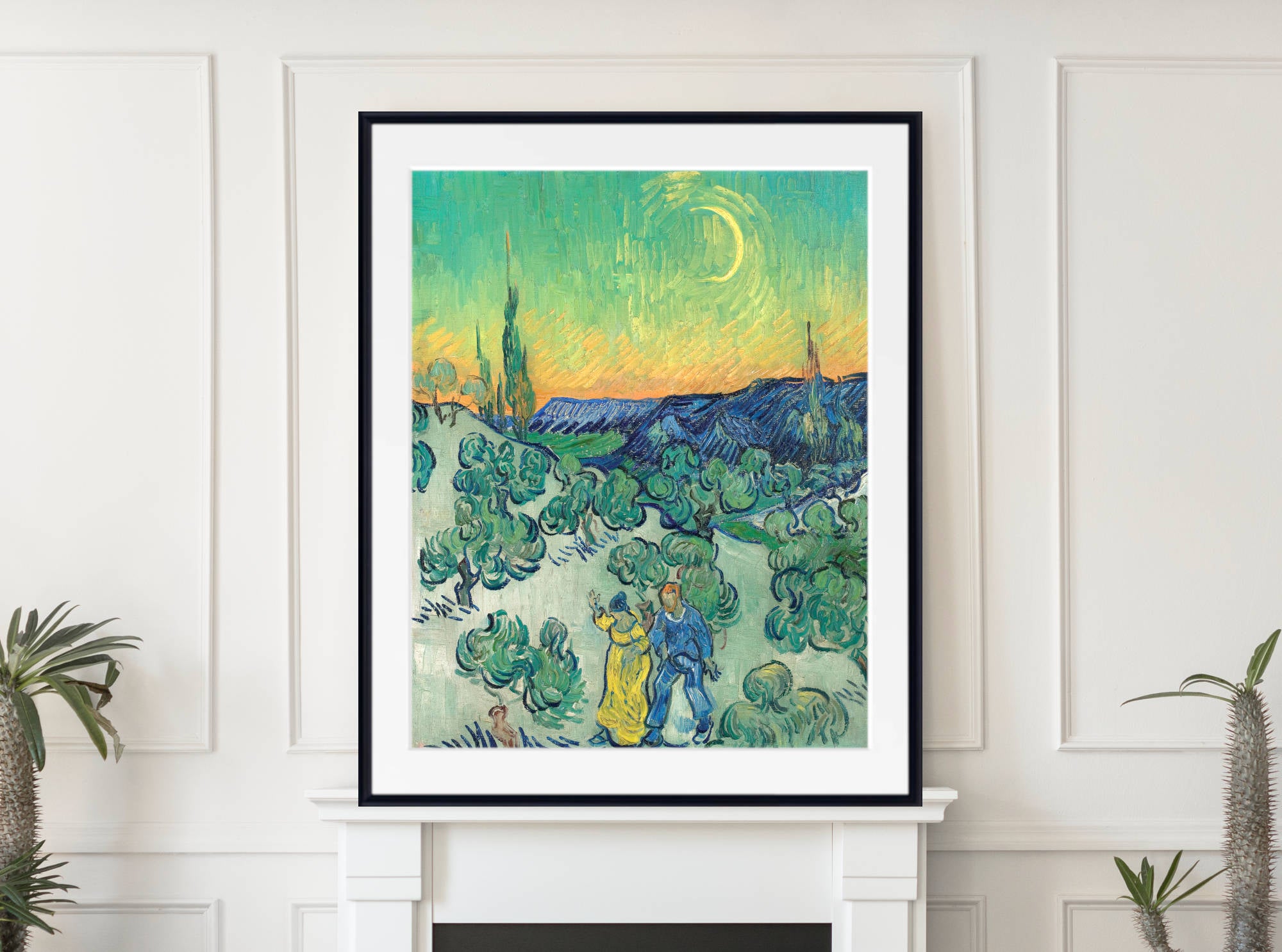 Vincent van Gogh Print, Couple Walking among Olive Trees in a Mountainous Landscape with Crescent Moon