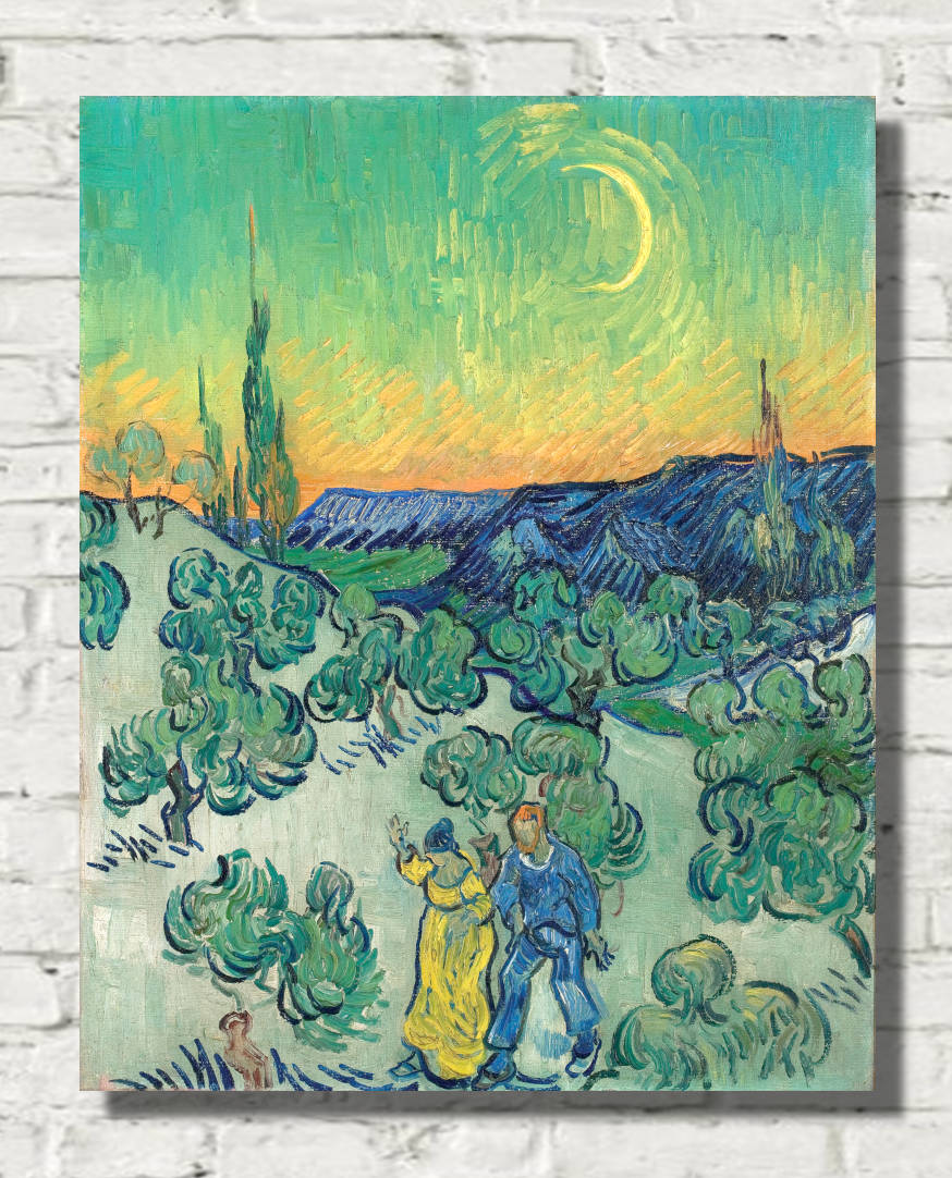 Vincent van Gogh Print, Couple Walking among Olive Trees in a Mountainous Landscape with Crescent Moon