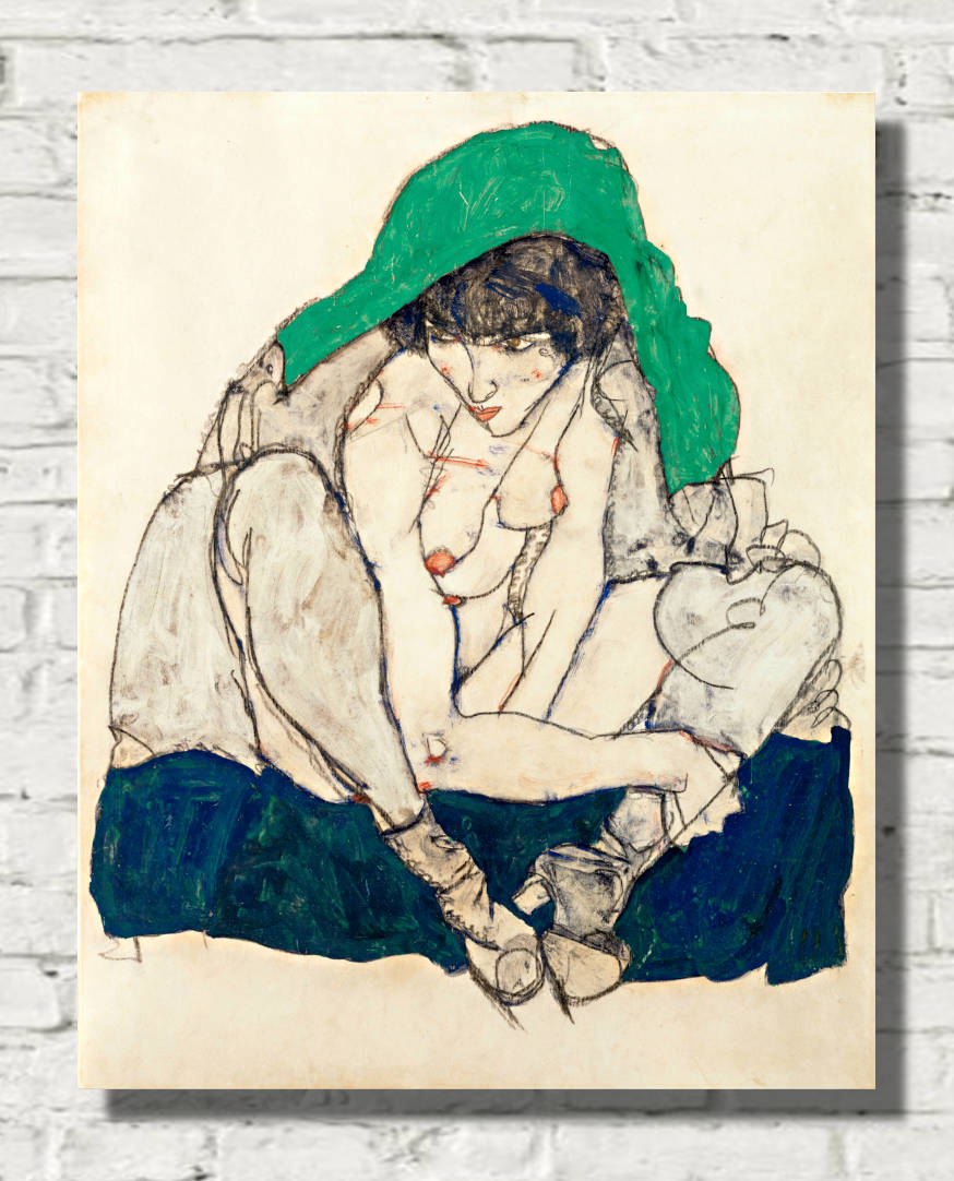 Egon Schiele Print, Crouching Woman with Green Headscarf (1914)