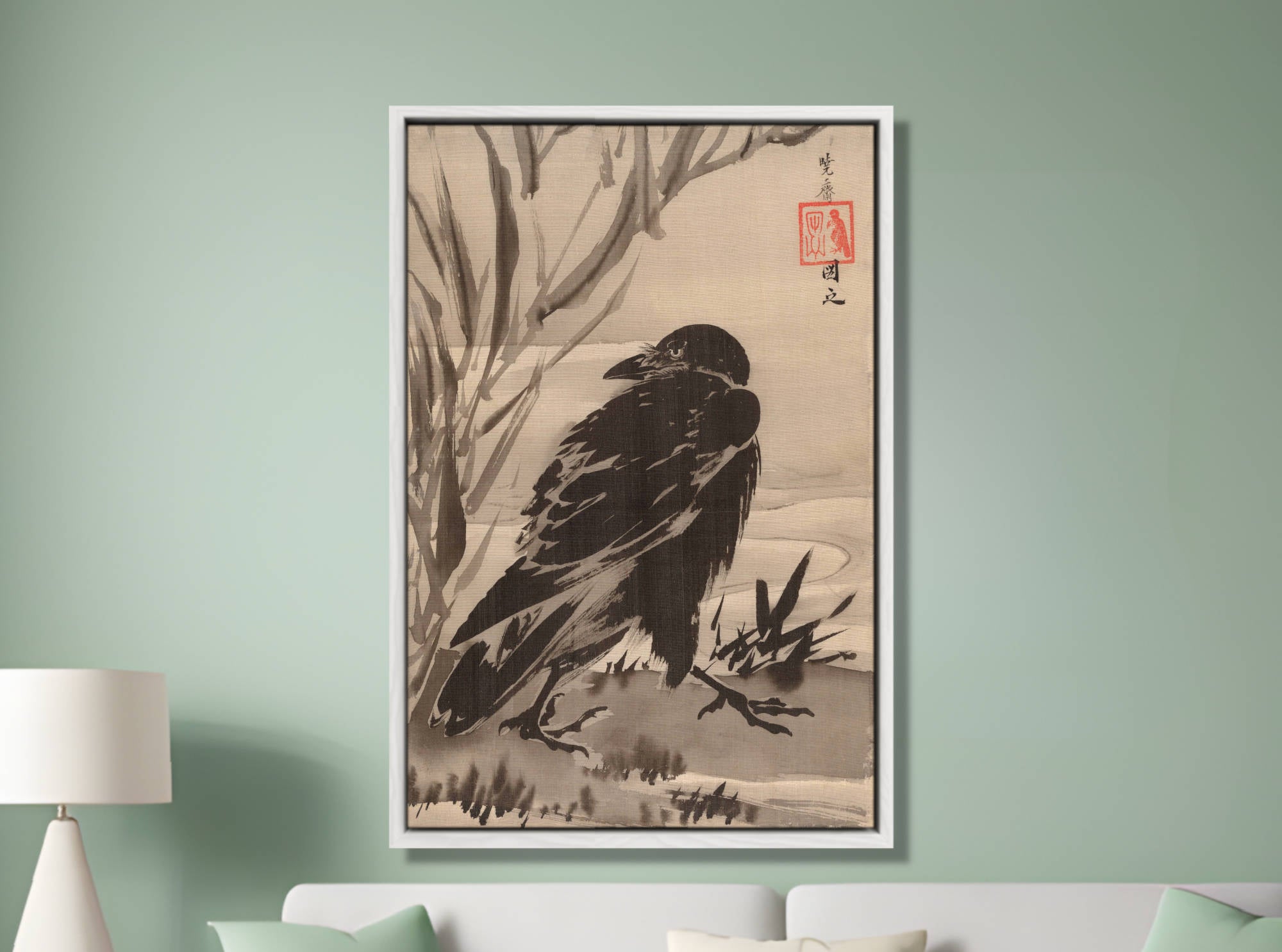カナヘイ　かなへい　額縁　サイン入り　すずらん　suzuran Kawanabe Kyōsai Print, Crow and Reeds by a Stream – GalleryThane