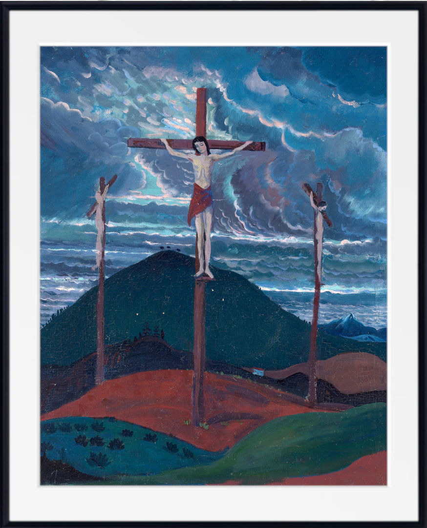 A framed art print depicting the crucifixion scene with three figures on wooden crosses against a dramatic stormy sky and dark hillside landscape.