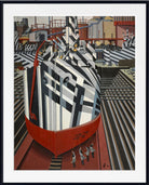 Dazzle-ships in Drydock at Liverpool, Edward Wadsworth A framed art print featuring a cubist-style illustration of a ship in a dock, with bold black, white, gray, and red geometric forms. The artwork is presented with a white mat and a thin black frame against a light background.