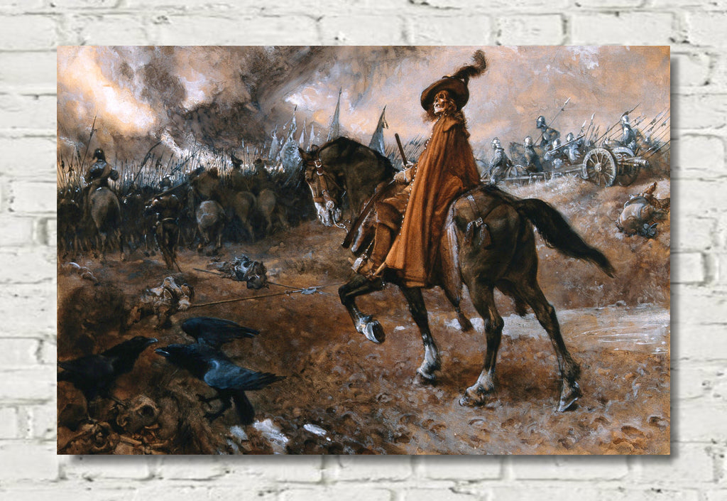Death as general rides a horse on a battlefield (1911) by Edgar Bundy