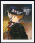 A framed art print featuring a pastel-style portrait painting of two women in profile. The woman in the foreground wears a large black hat with feathers and a dark green coat, while the other woman holds a yellow fan.