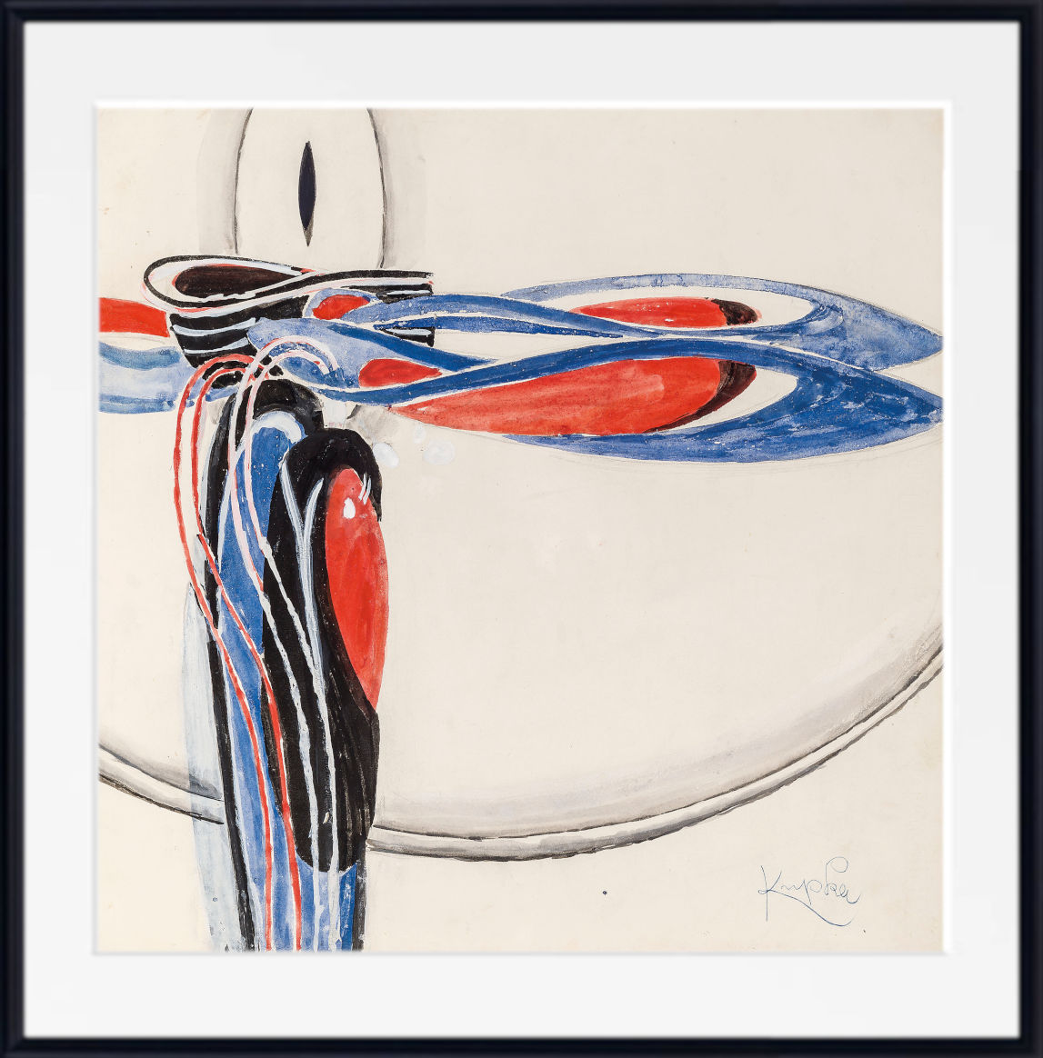 An abstract art print featuring bold blue, red, black, and white brushstrokes on a warm off-white background, presented in a white mat and a black frame.