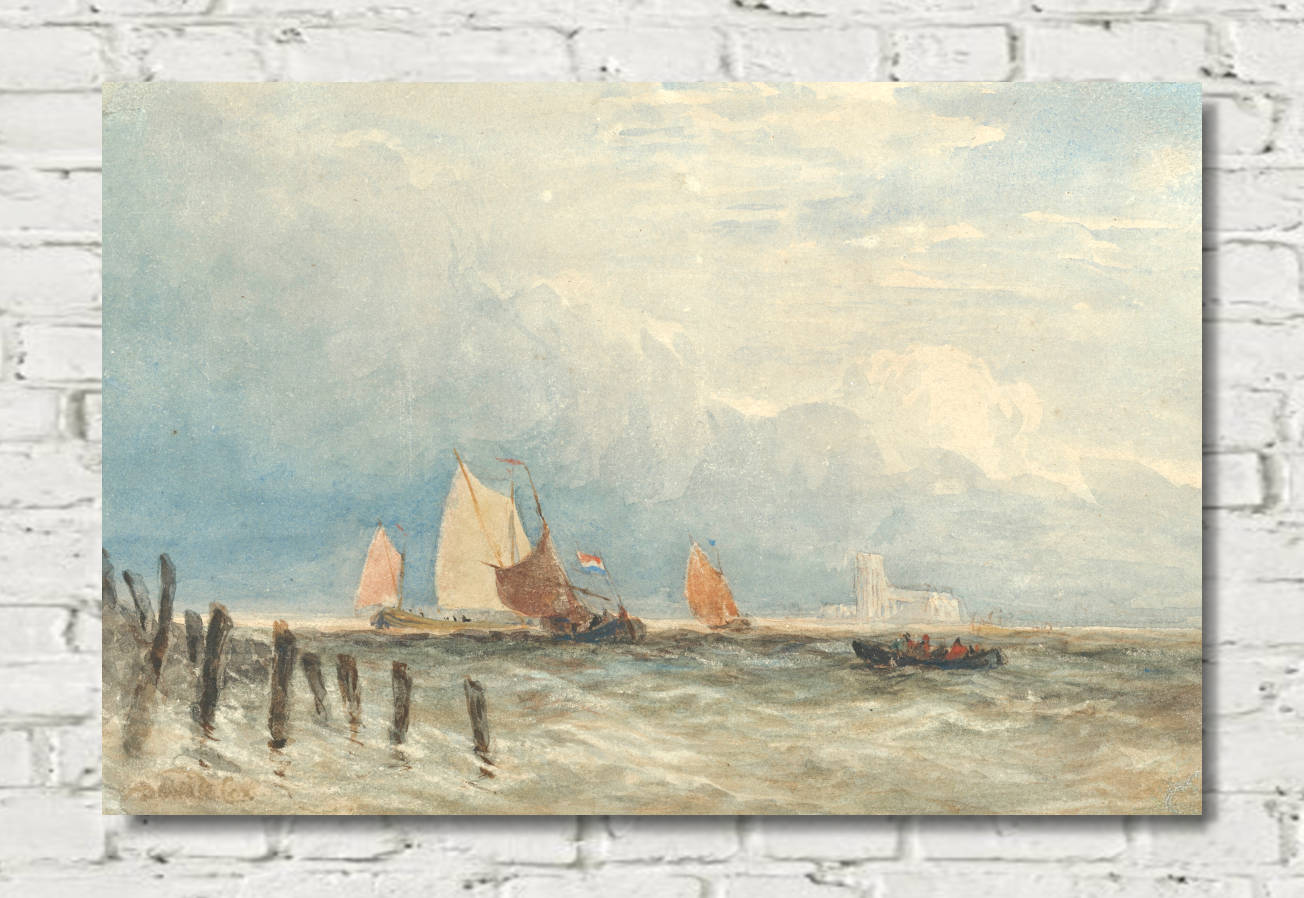 David Cox Print,&nbsp;Dutch fishing smacks off the coast, with Grote Kerk, Dordrecht in the distance