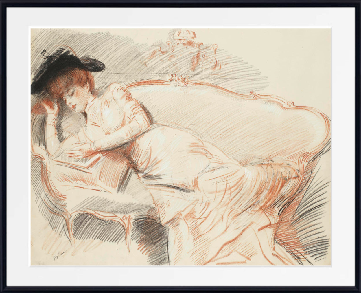 Paul-César Helleu Print, Elégante lisant sur un canapé