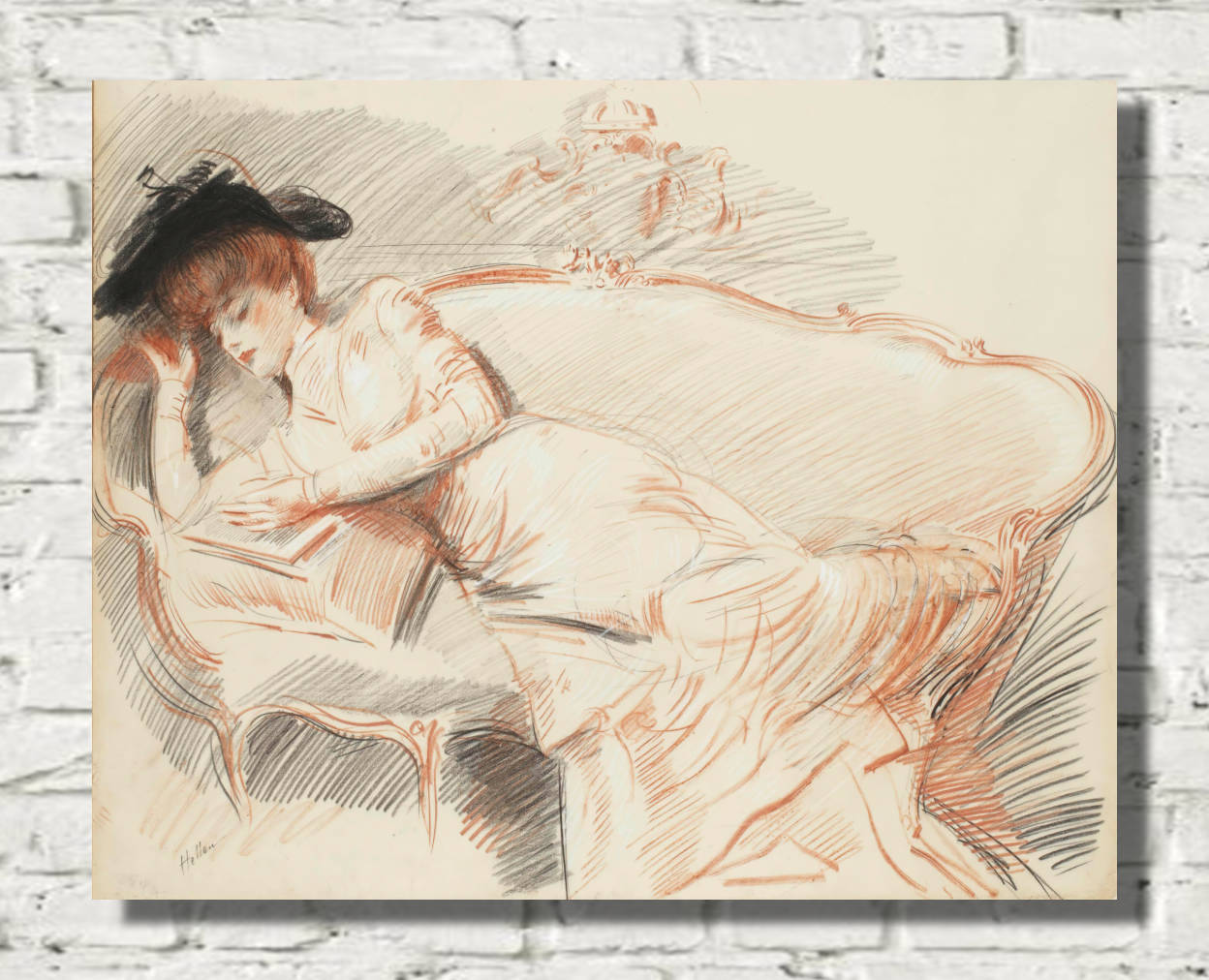 Paul-César Helleu Print, Elégante lisant sur un canapé