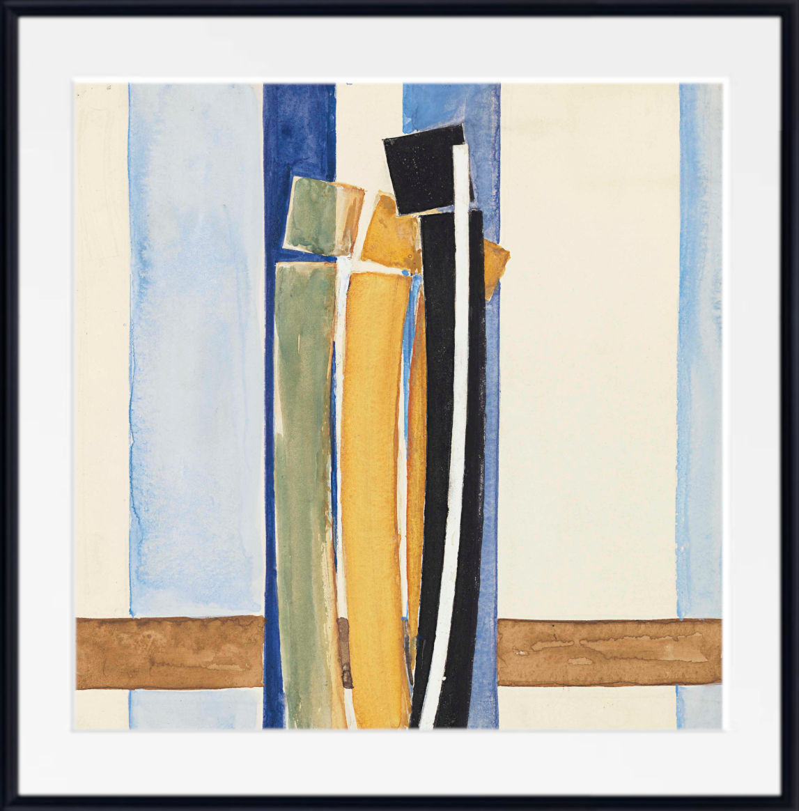 An abstract framed art print featuring vertical watercolor stripes in light blue, navy, olive green, mustard yellow, black, and cream, with brown horizontal accents, presented in a black frame with a white mat.