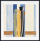 An abstract framed art print featuring vertical watercolor stripes in light blue, navy, olive green, mustard yellow, black, and cream, with brown horizontal accents, presented in a black frame with a white mat.