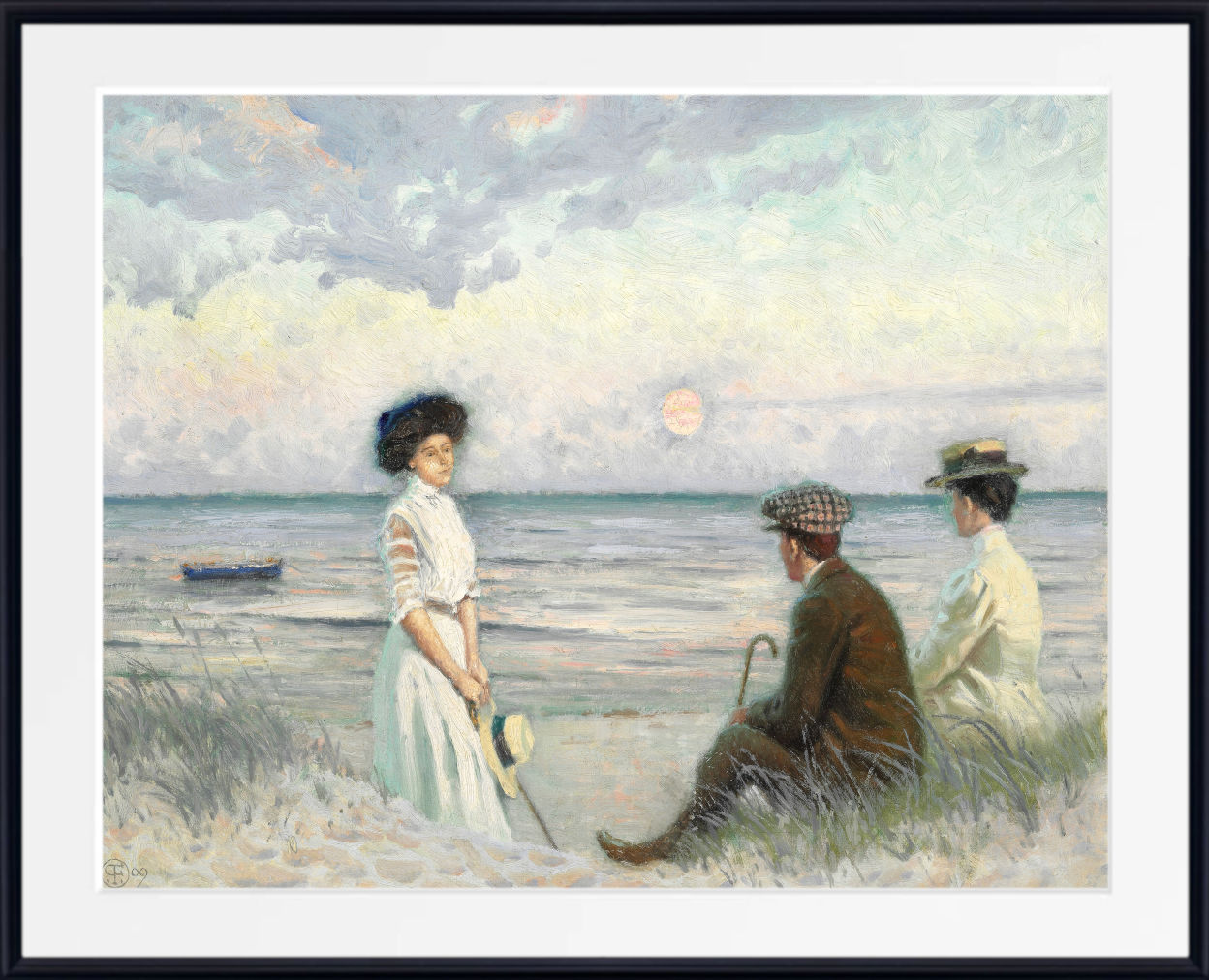 A framed art print depicting an impressionist beach scene with three figures near the water under a cloudy sky with a sun near the horizon.