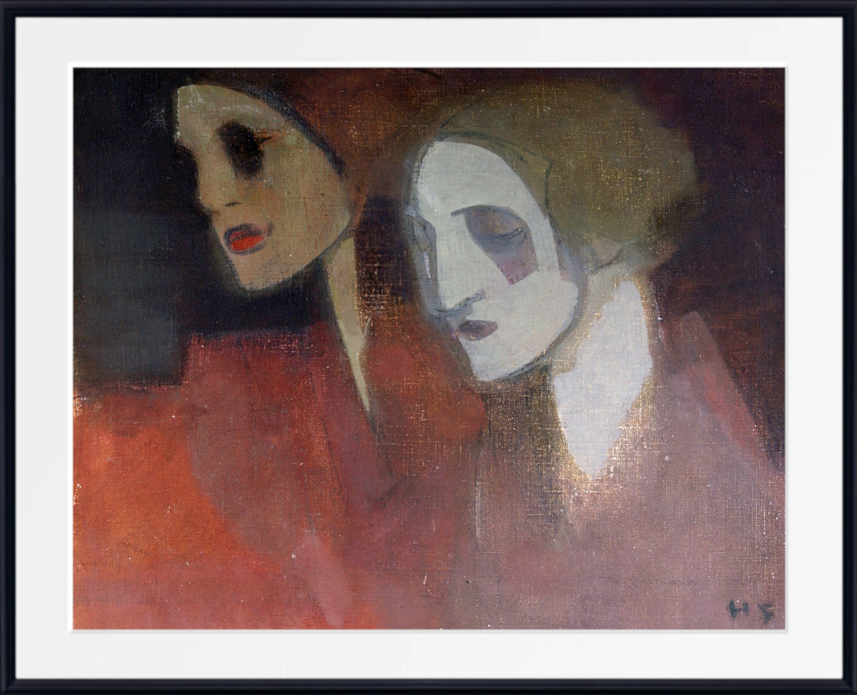 Framed art print of an expressionist painting depicting two women in profile, rendered in warm reds, browns, and off-white tones, enclosed in a white mat and black frame.